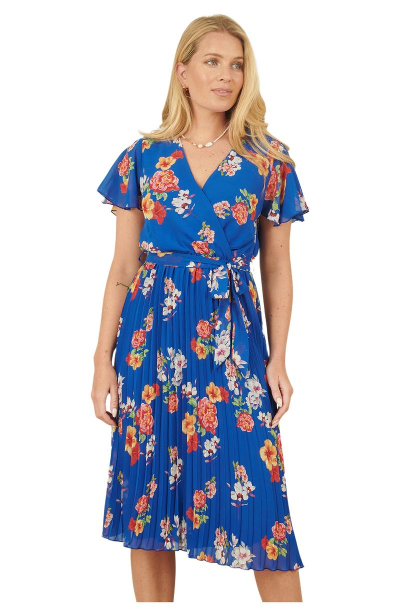 Women's Pleated Floral Tie-Waist Wrap Midi Dress