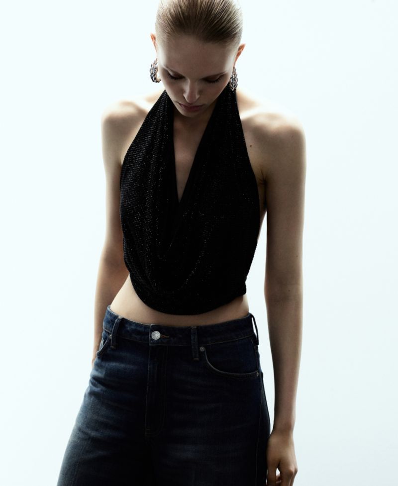 Women's Draped Crystal Neckline Top