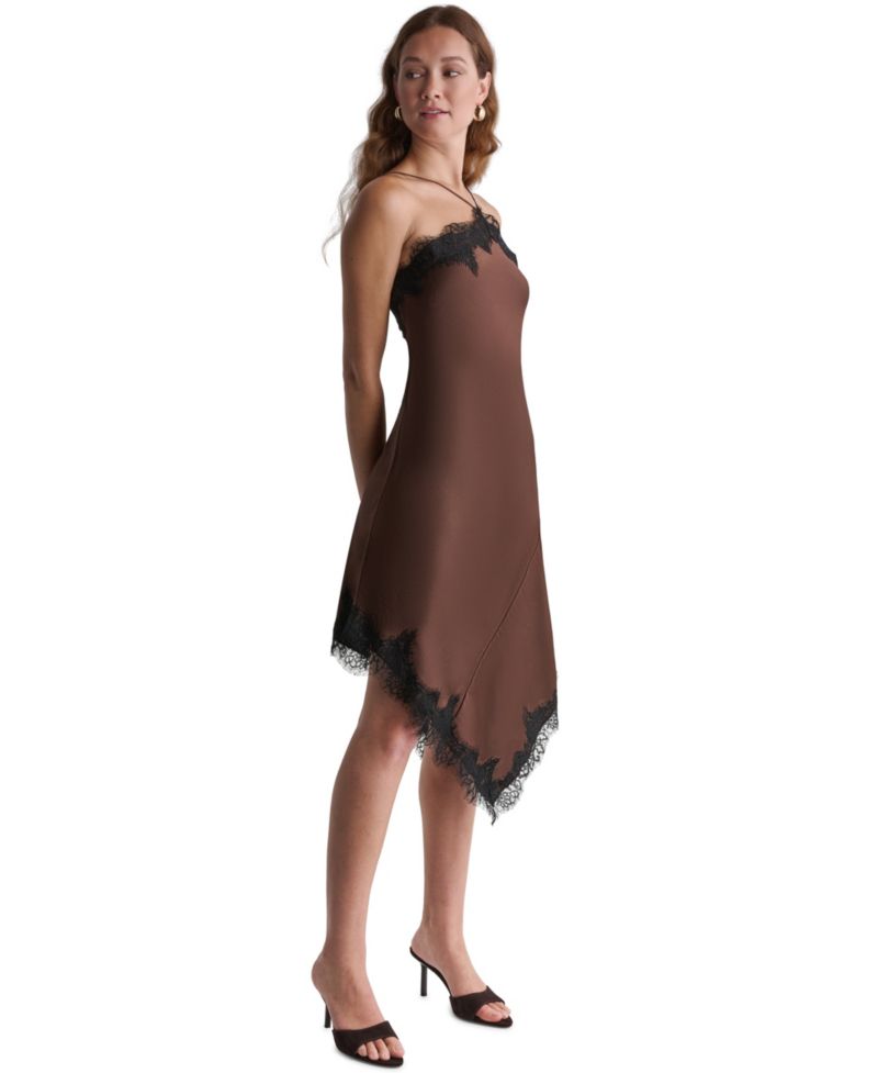 Women's Asymmetrical Halter Lace-Trim Midi Dress