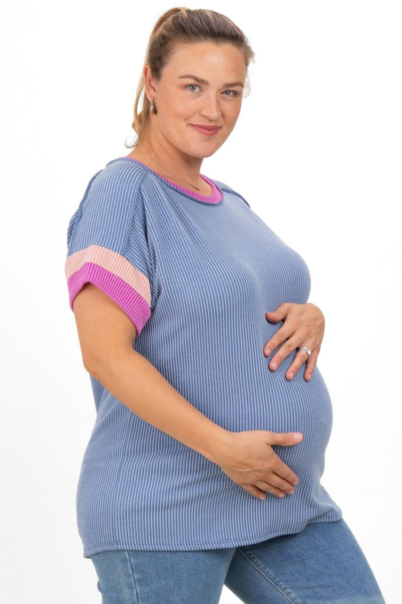 Women's Maternity Ribbed Colorblock Detail Plus Short Sleeve Top