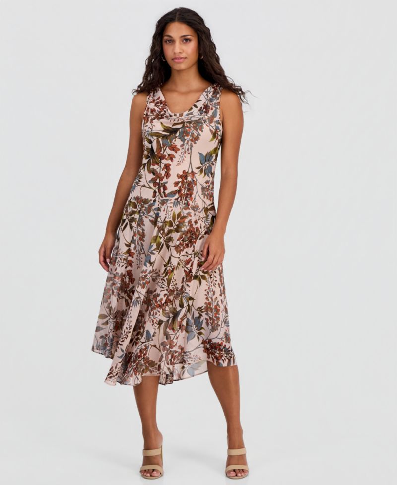 Petite Printed Chiffon Drape-Neck Midi Dress