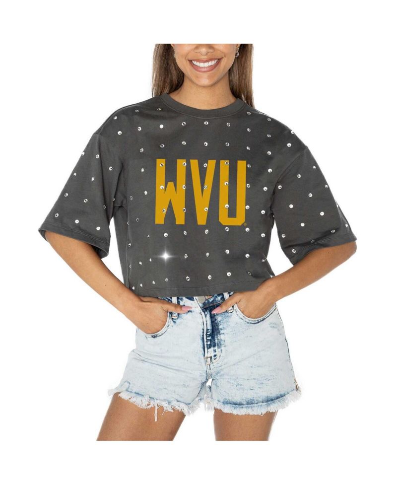 Women's Gray West Virginia Mountaineers Go Time Rhinestone Crop T-Shirt