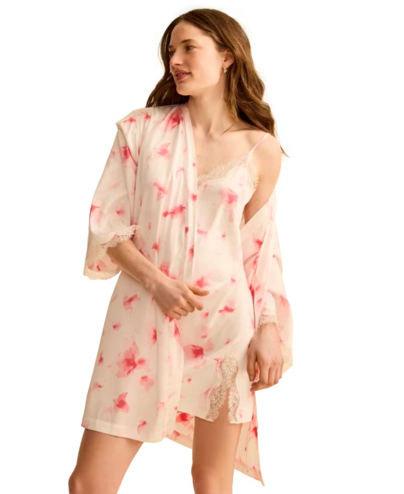 Women's Lace-Trim Stretch Satin Robe
