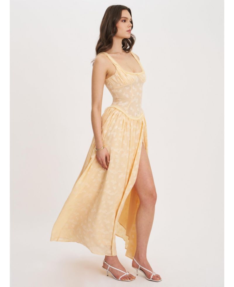 Women's Ulissa Orange Square Neck Jacquard Textured High Slit Maxi Dress