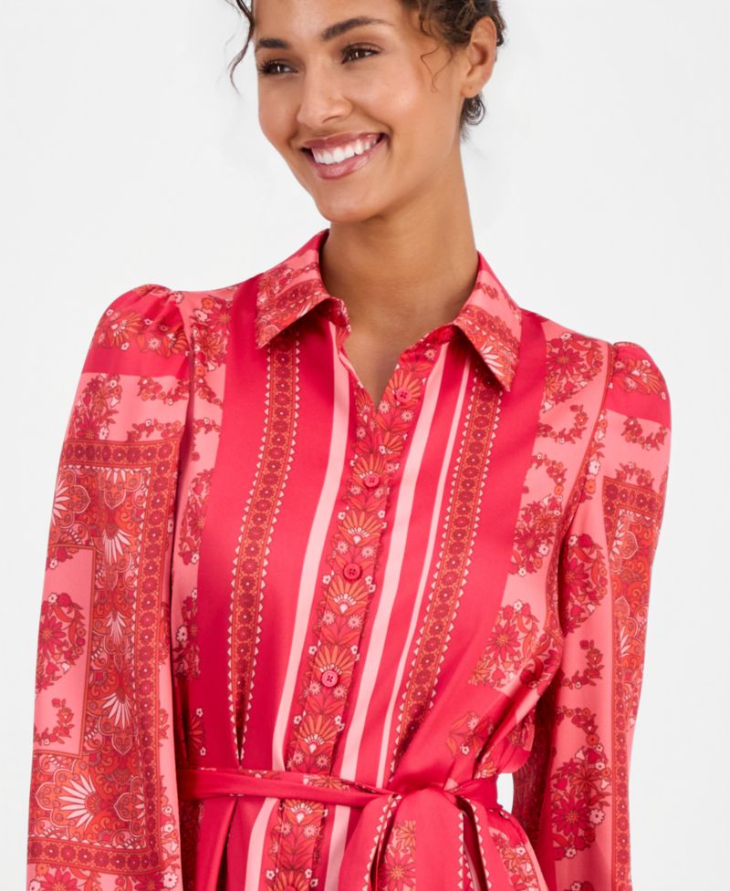Women's Long-Sleeve Scarf-Print Twill Shirt-Dress
