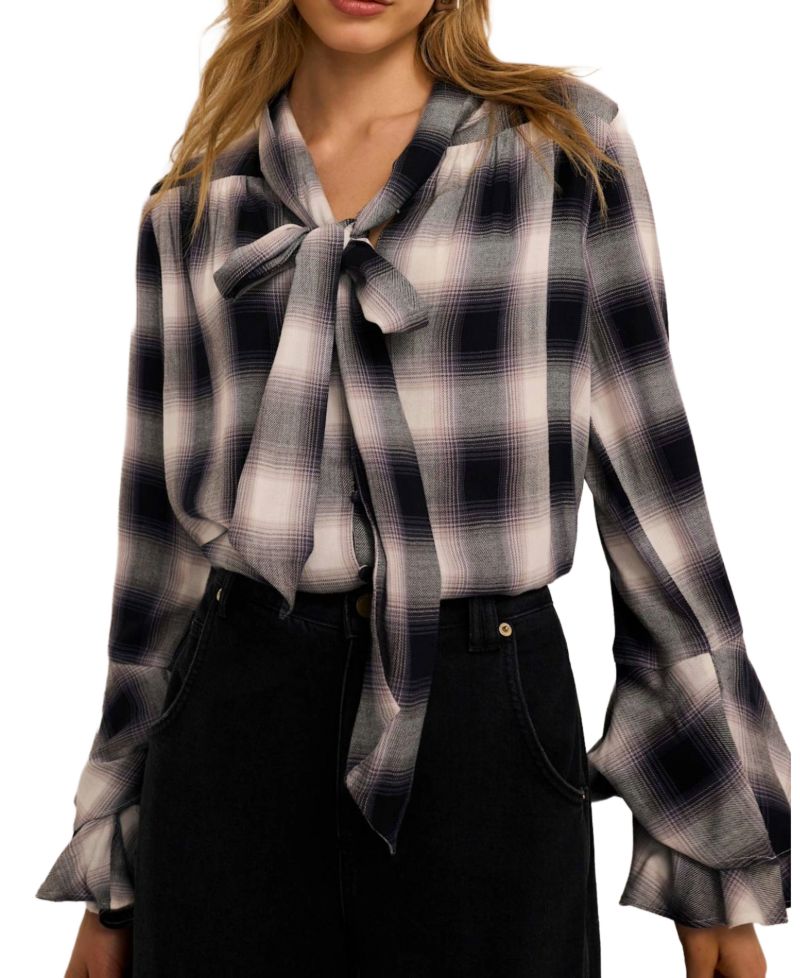 Women's Check-Print Tie Pussybow Long-Ruffle Sleeves Blouse