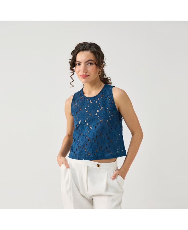 Women's Embroidered Sleeveless Button-Back Top
