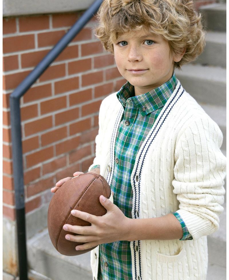 Little and Big Boys' 5- 7 Organic Cable Cardigan Sweater with Tipping