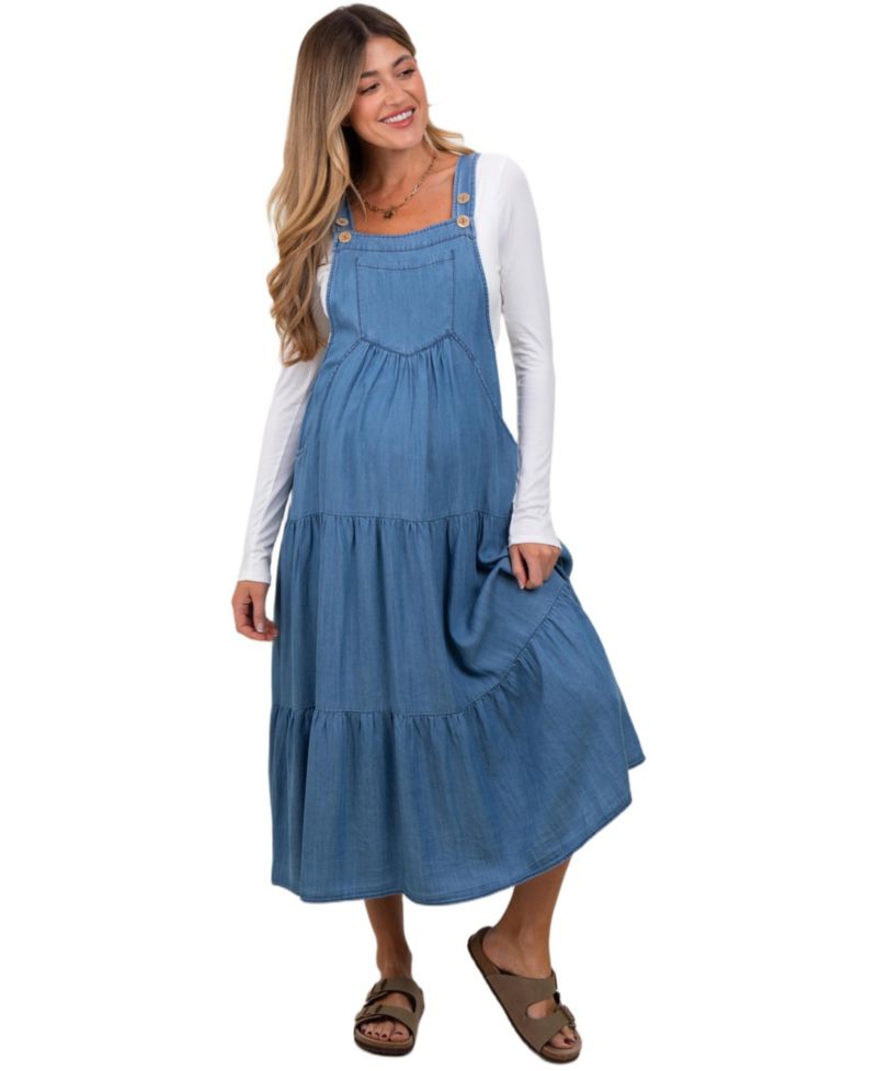 Women's Blue Chambray Overall Tiered Midi Dress