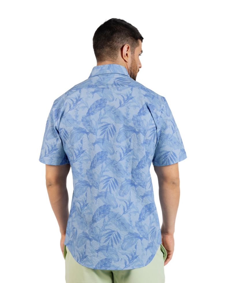 Men's Tropical Leaves Printed Seersucker Short Sleeve Shirt