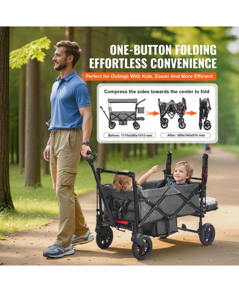 Wagon Stroller for 2 Kids, Collapsible Push Pull Quad Stroller with Adjustable Handle, Harness, Removable Canopy