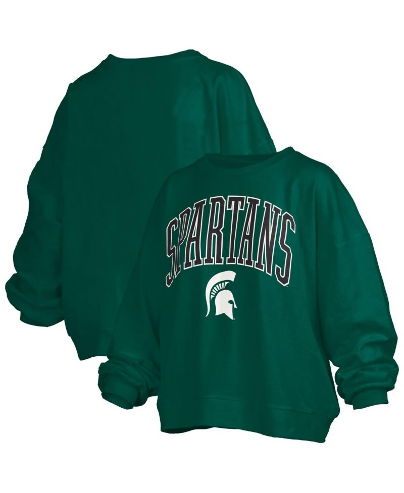 Women's Green Michigan State Spartans Janise Arch Over Logo Waist Length Oversized Pullover Sweatshirt