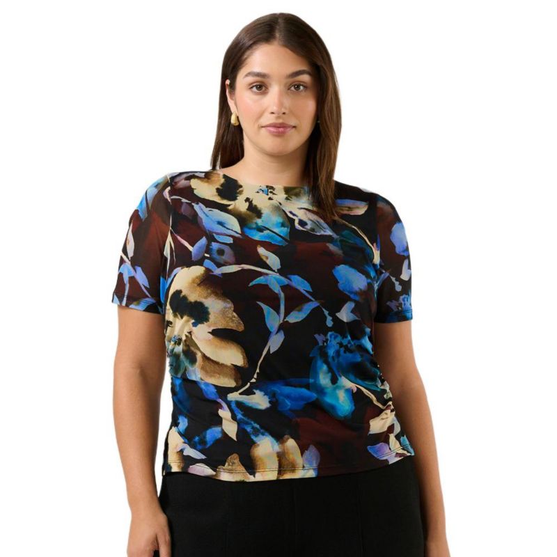 Plus Size Cleo Floral Mesh Ruched Short Sleeve Top