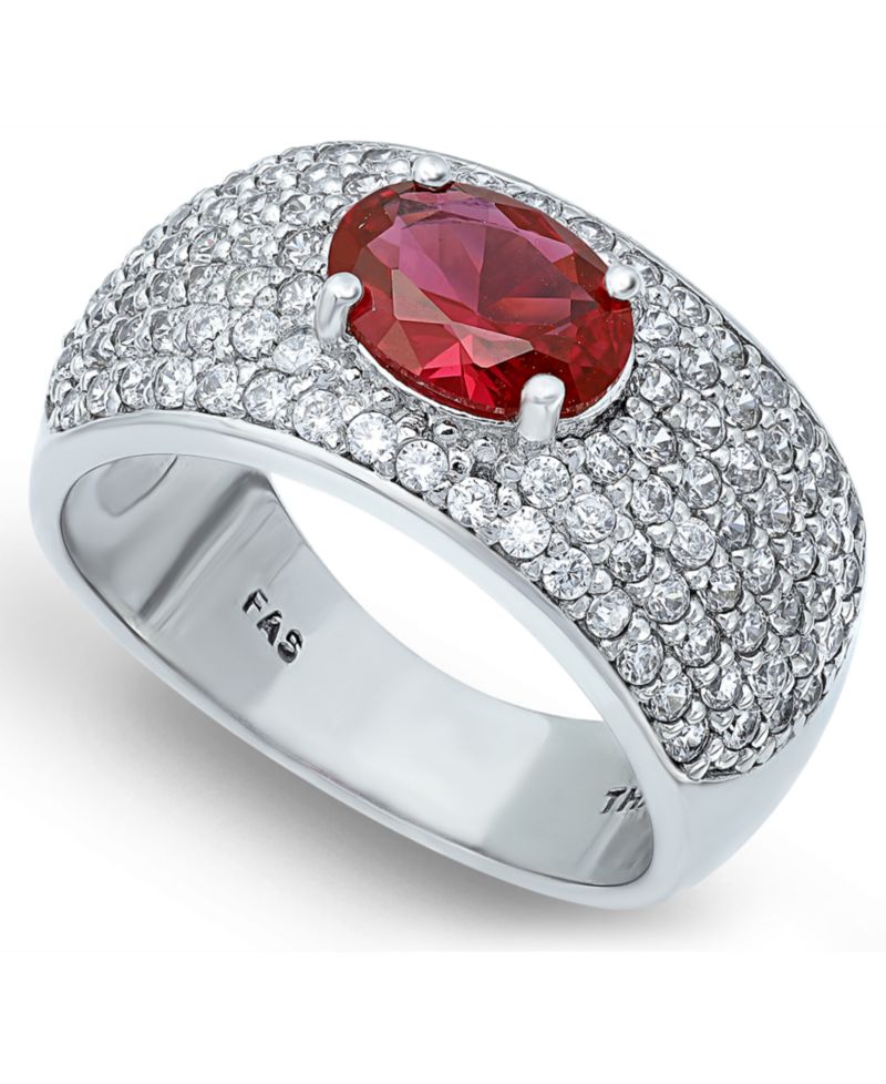 Cubic Zirconia Pav&eacute; Band Ring with Red CZ Oval Center Prong Stone in Silver Plate