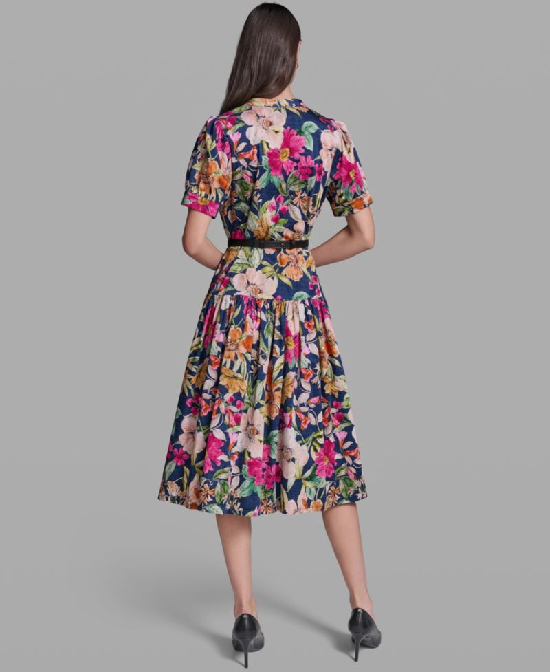 Women's Floral Printed V-Neck Belt Dress