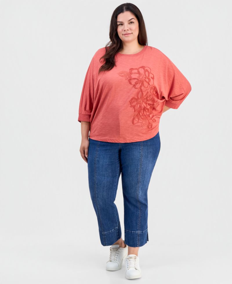 Plus Size Dolman-Sleeve Soutache Floral-Embroidered Top