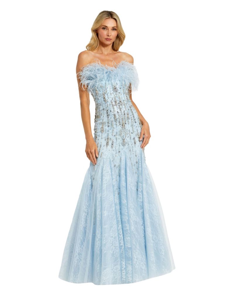 Women's Strapless Feather Embellished Mermaid Gown