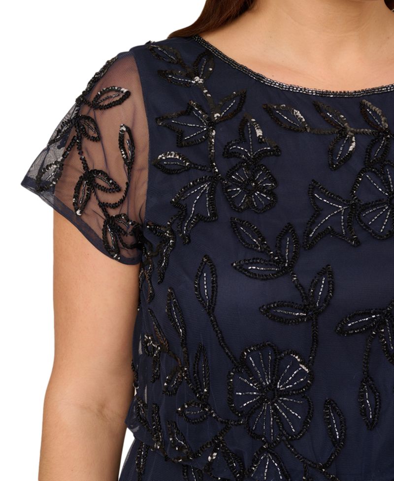 Plus Size Blouson Beaded Short-Sleeve Gown