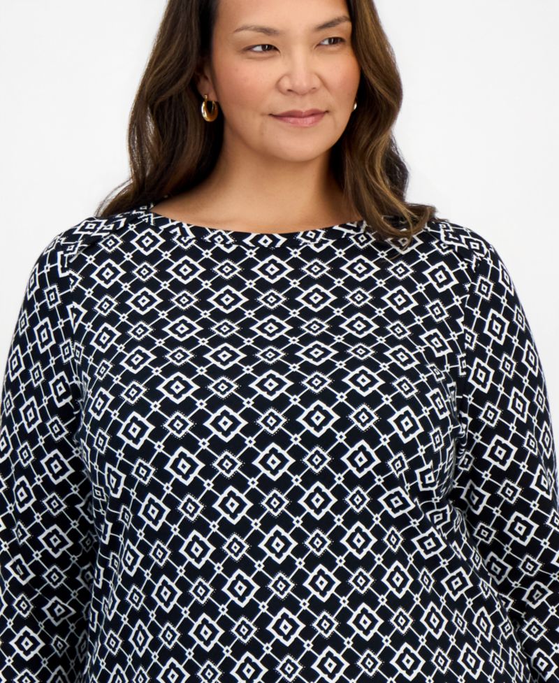 Petite Printed Pima Cotton 3/4-Sleeve Boat Neck Top
