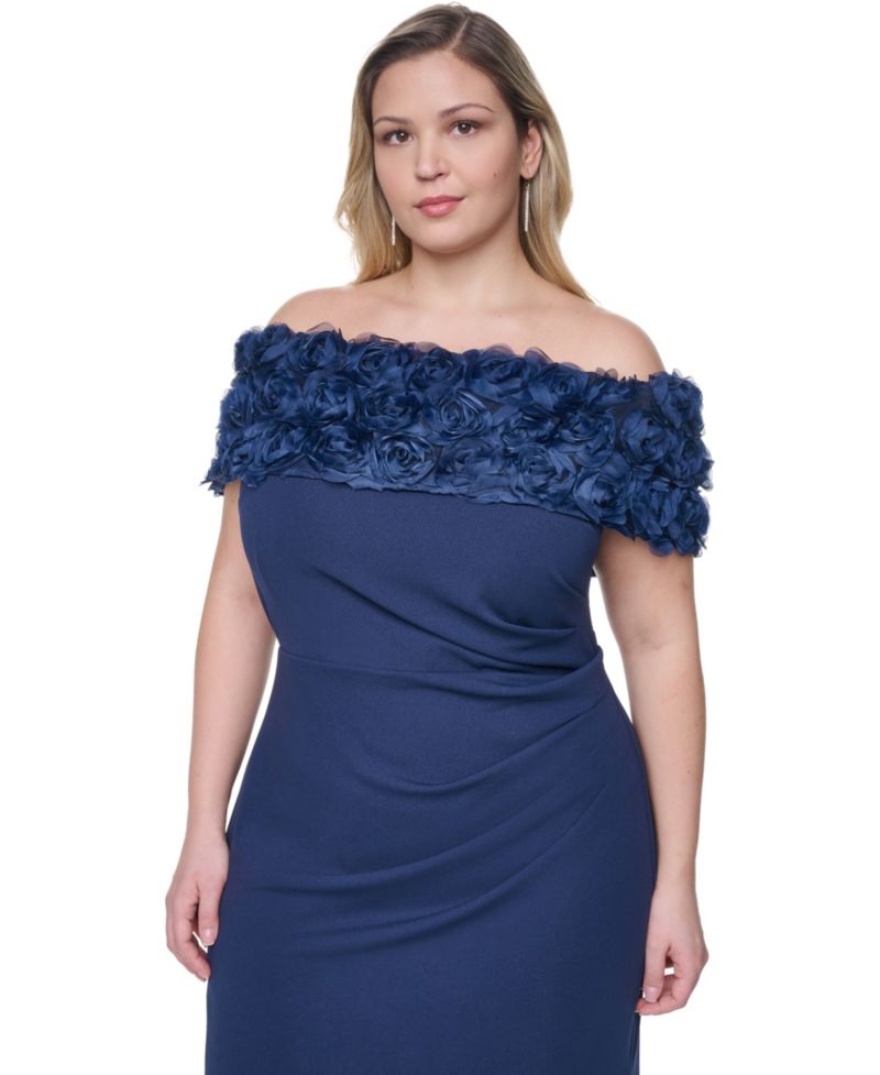 Plus Size Rosette-Trim Off-The-Shoulder Evening Gown