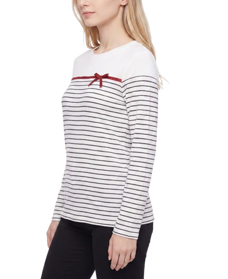 Petite Long-Sleeve Crewneck Metallic Ribbon Bow T-Shirt