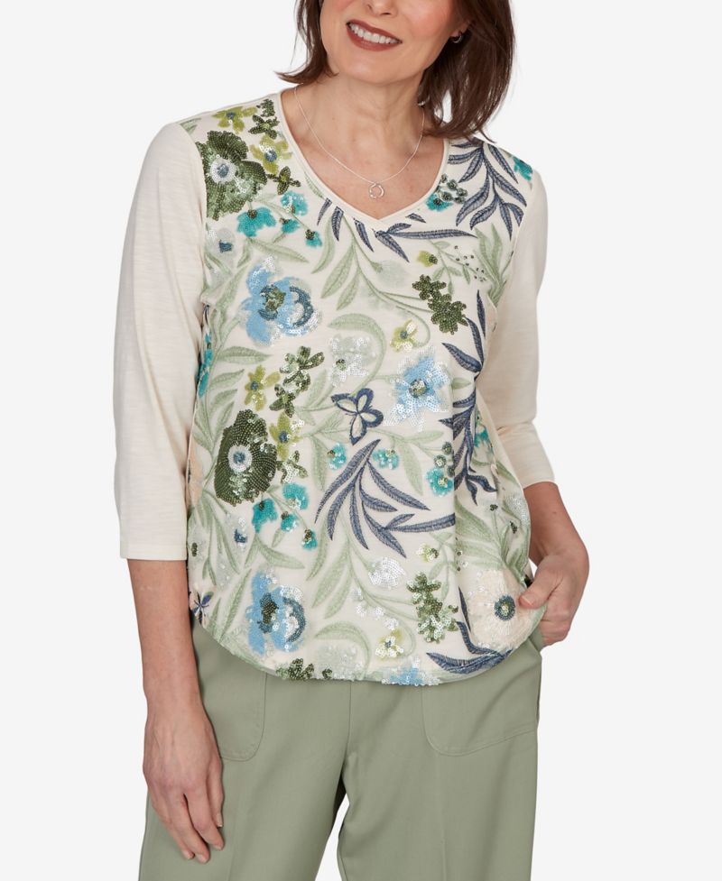 Petite Sequined Floral Mesh Overlay Knit Top