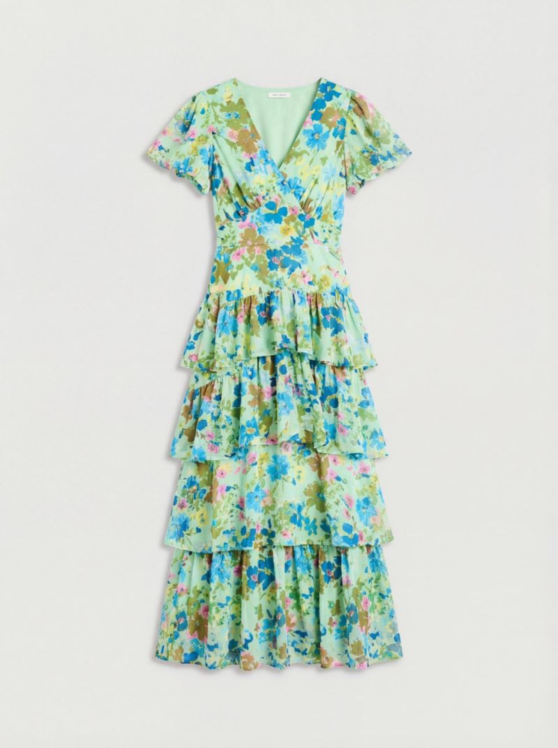Women's Waist Puff Sleeve Tiered Midi Dress
