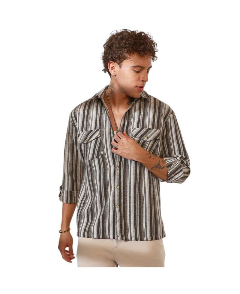 Men's Taupe Brown & Sepia Brown Multitrack Striped Oversized Shirt