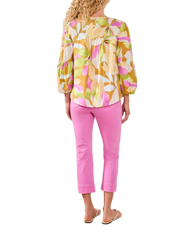 Women's Printed Challis Smocked Yoke Top