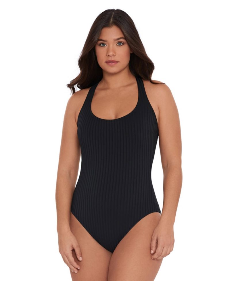 Women's Smoothing and Sculpting Ribbed Scoop-Neck Crossback One-Piece Swimsuit