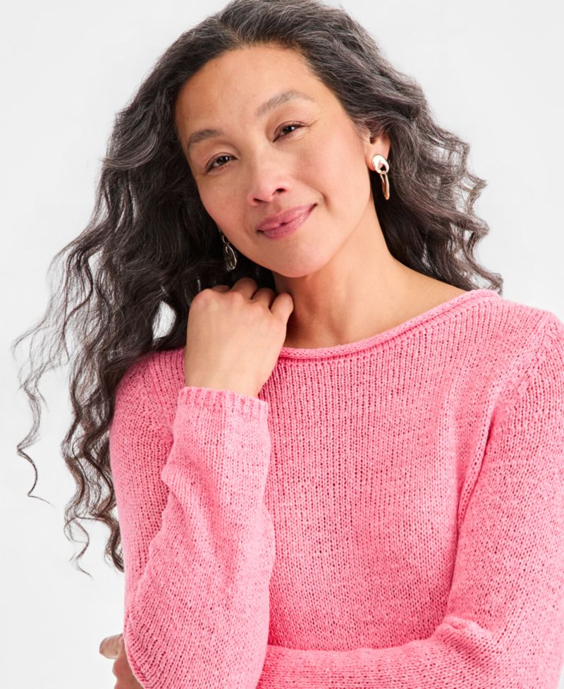 Women's Petite Boat Neck Tape Yarn Sweater
