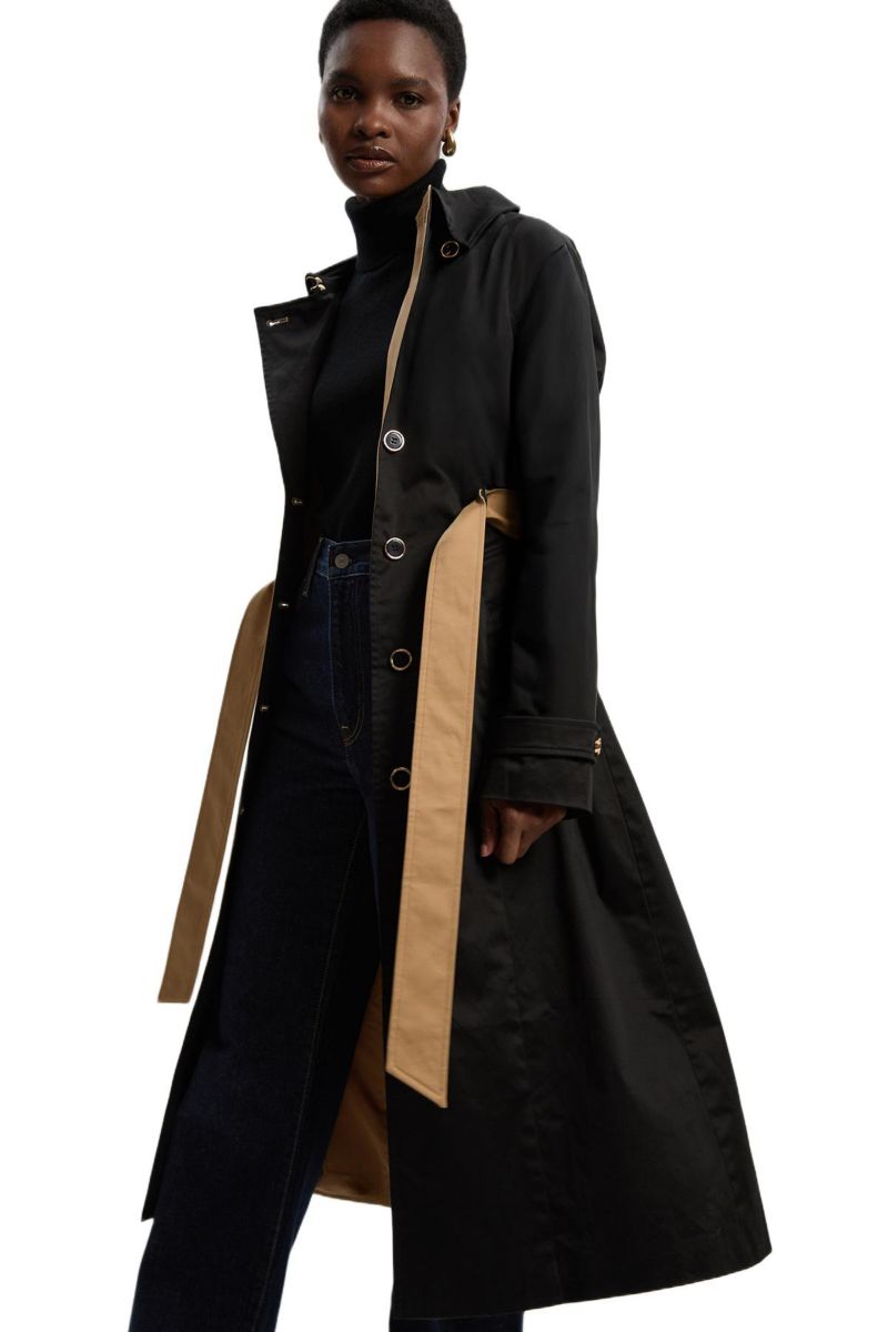 Women's Color Block Belted Tailored Trench Coat