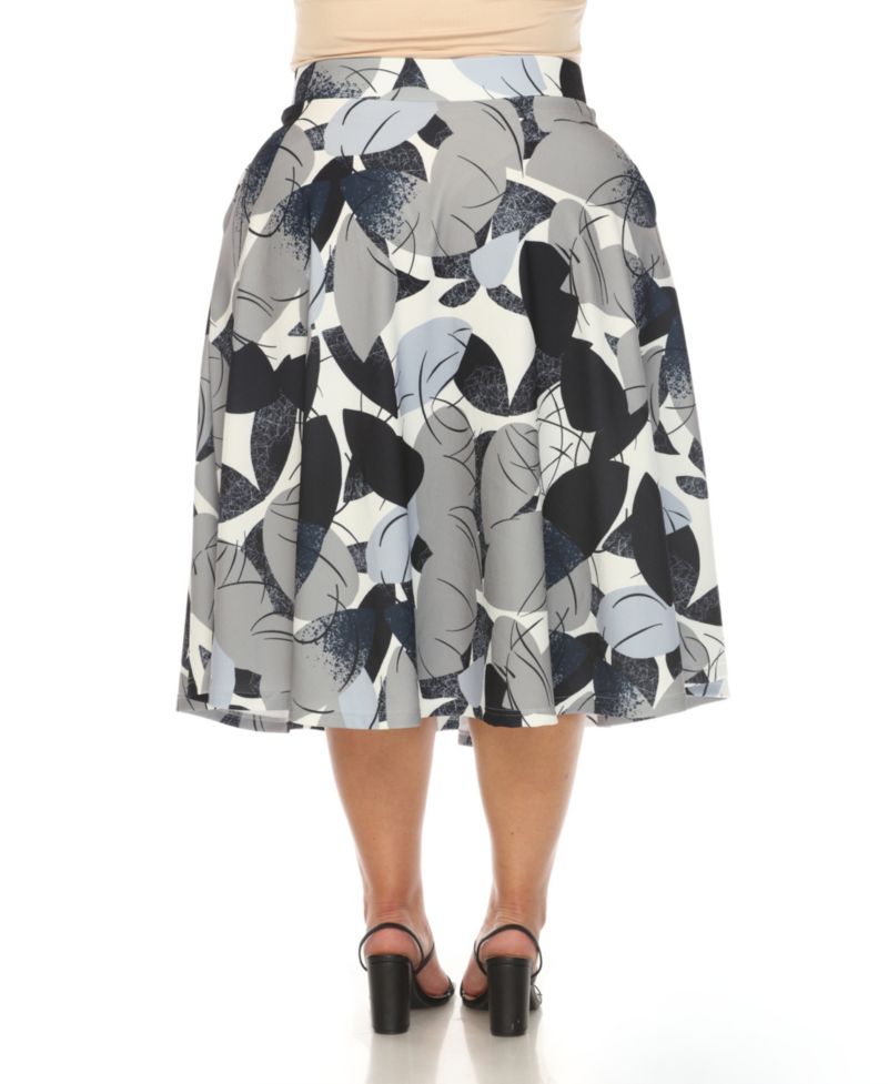 Plus Size Leaf Print Vintage Flared Midi Skirt