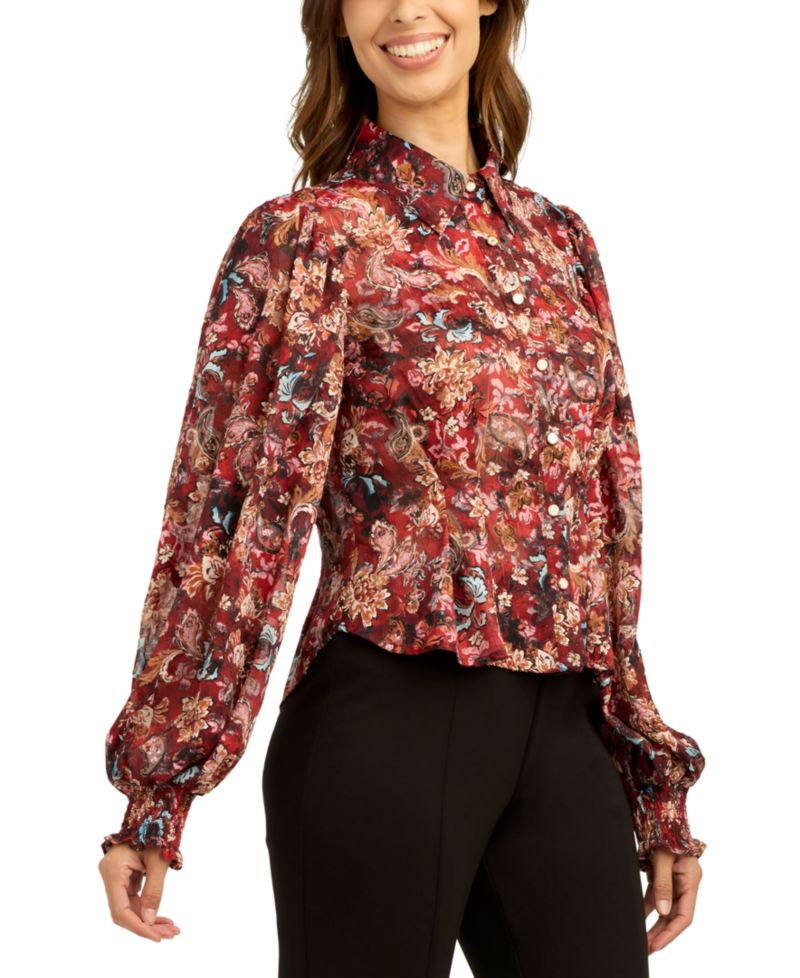 Juniors' Satin Stripe Lurex Collared Button-Up Shirt