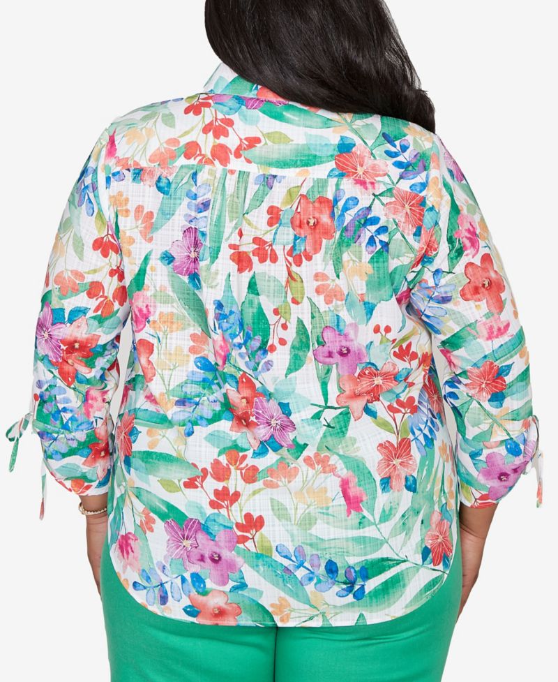 Plus Size Resort Living Tropical Print Tie-Sleeve Button-Front Top