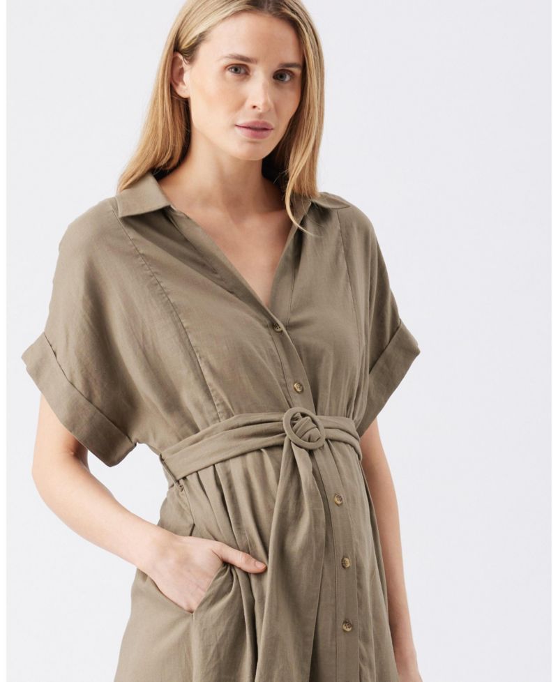 Women's Ripe Amy Linen Nursing Shirt Dress Olive