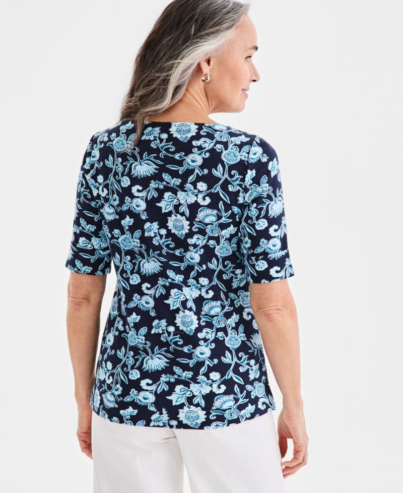 Petite Elbow-Sleeve Fresh Paisley Print Boat Neck Top