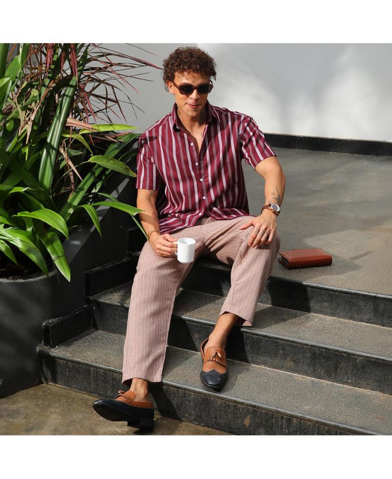 Men's Maroon Red Pencil Striped Shirt