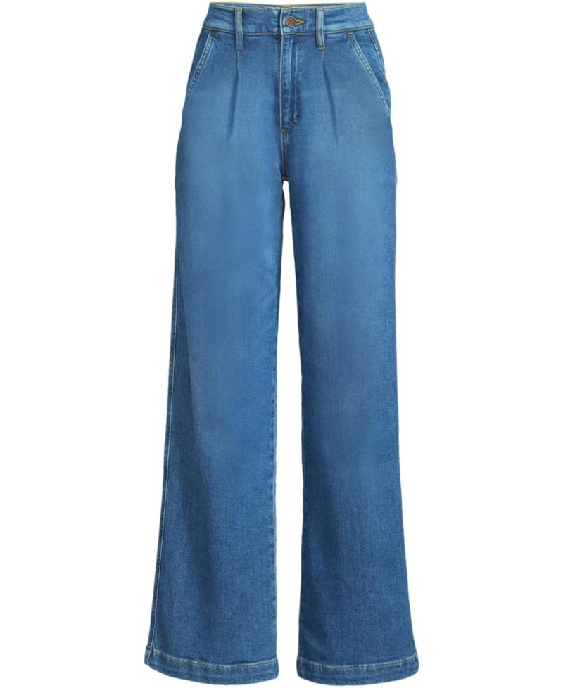 Petite High Rise Soft Denim Pleated Wide Leg Trousers