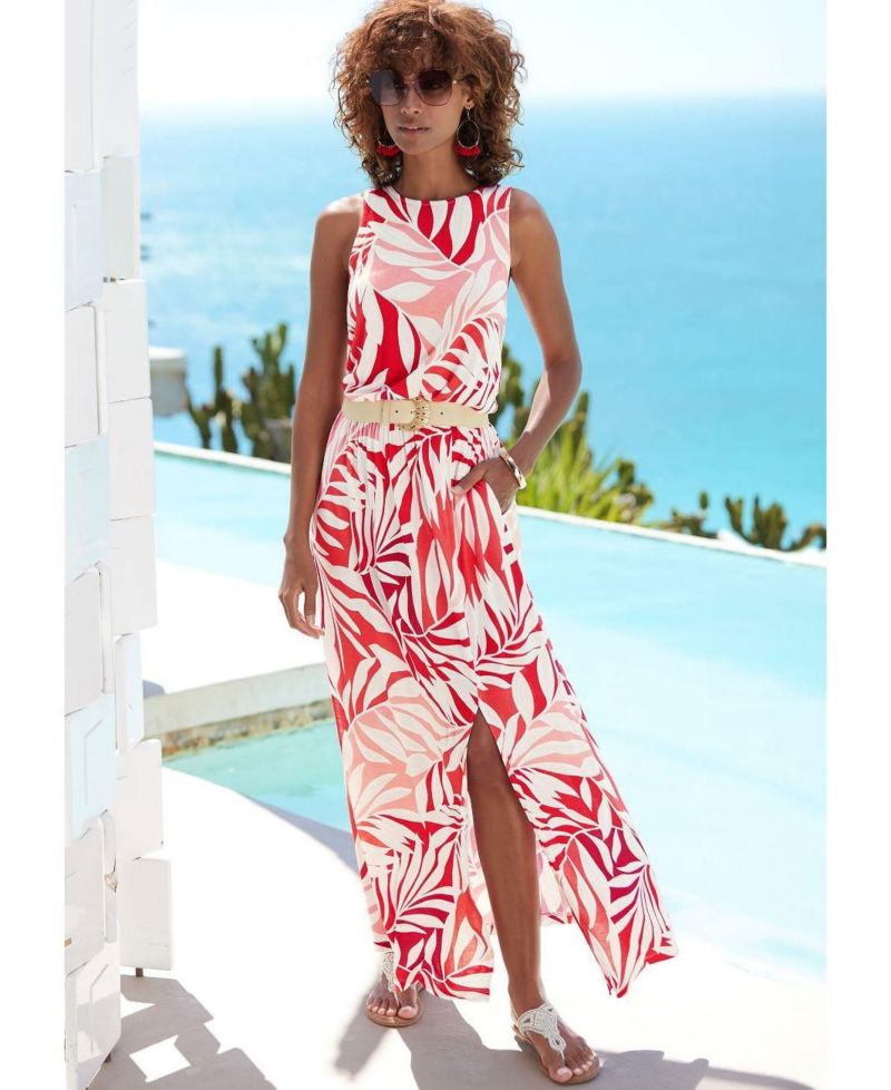 Women's Viscose Tropical Print Side Slit Column Elastic-Waist Maxi Dress