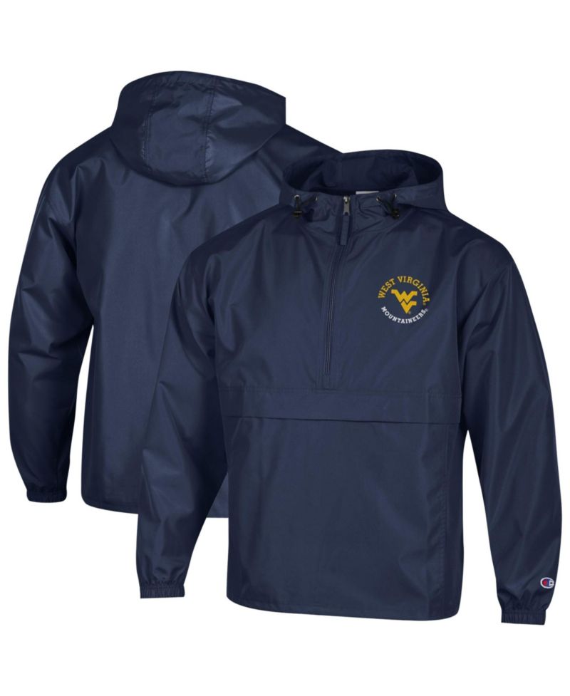 Men's Navy West Virginia Mountaineers Packable Hooded Windbreaker Half-Zip Jacket