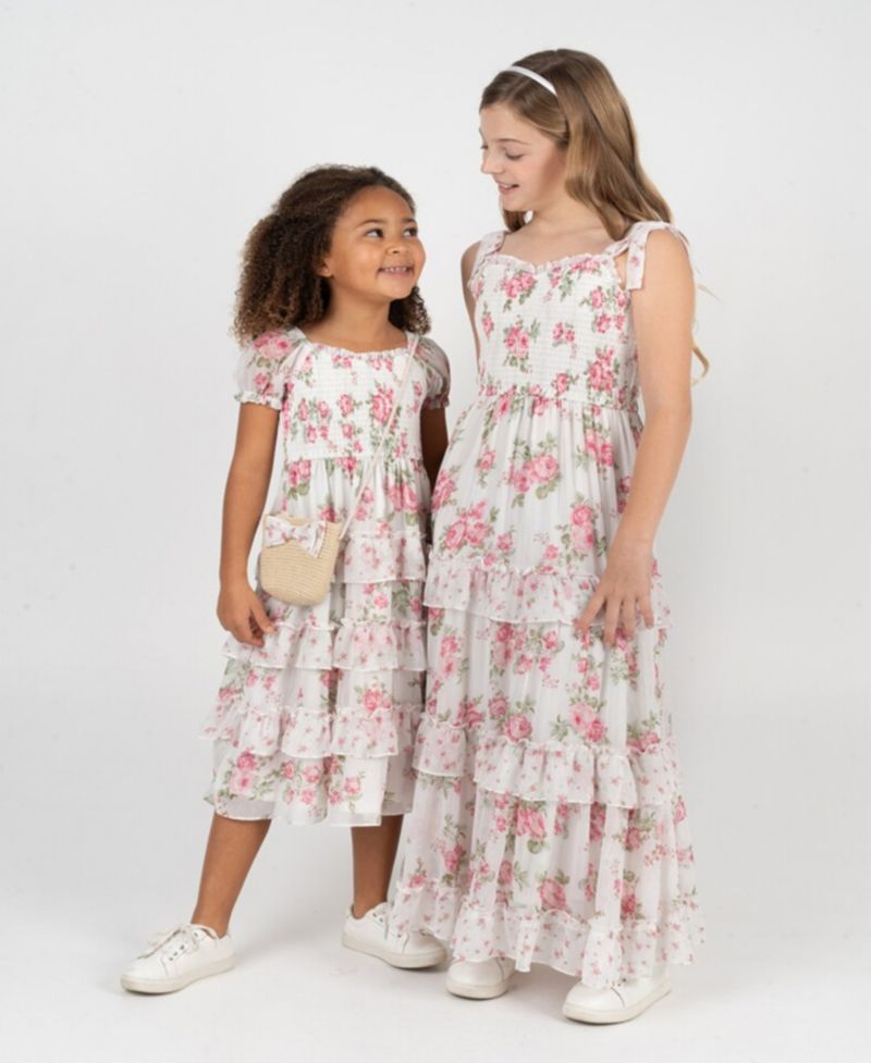 Girls' 2T-6X Twin Print Floral Chiffon Smocked Puff Sleeve Dress