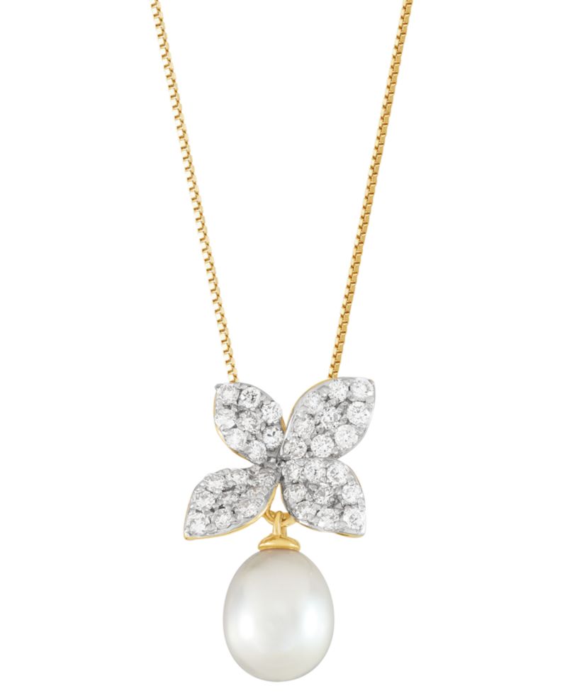 Cultured Freshwater Oval Pearl (7 - 7-1/2mm) & Lab Grown Diamond (1/2 ct. t.w.) Floral 18" Pendant Necklace in 14k Gold