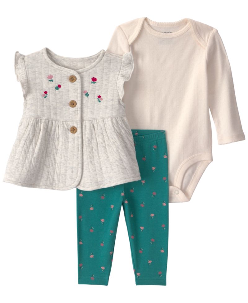Baby Girls' Floral Sleeveless Cardigan, Bodysuit and Pants, 3-Piece Set