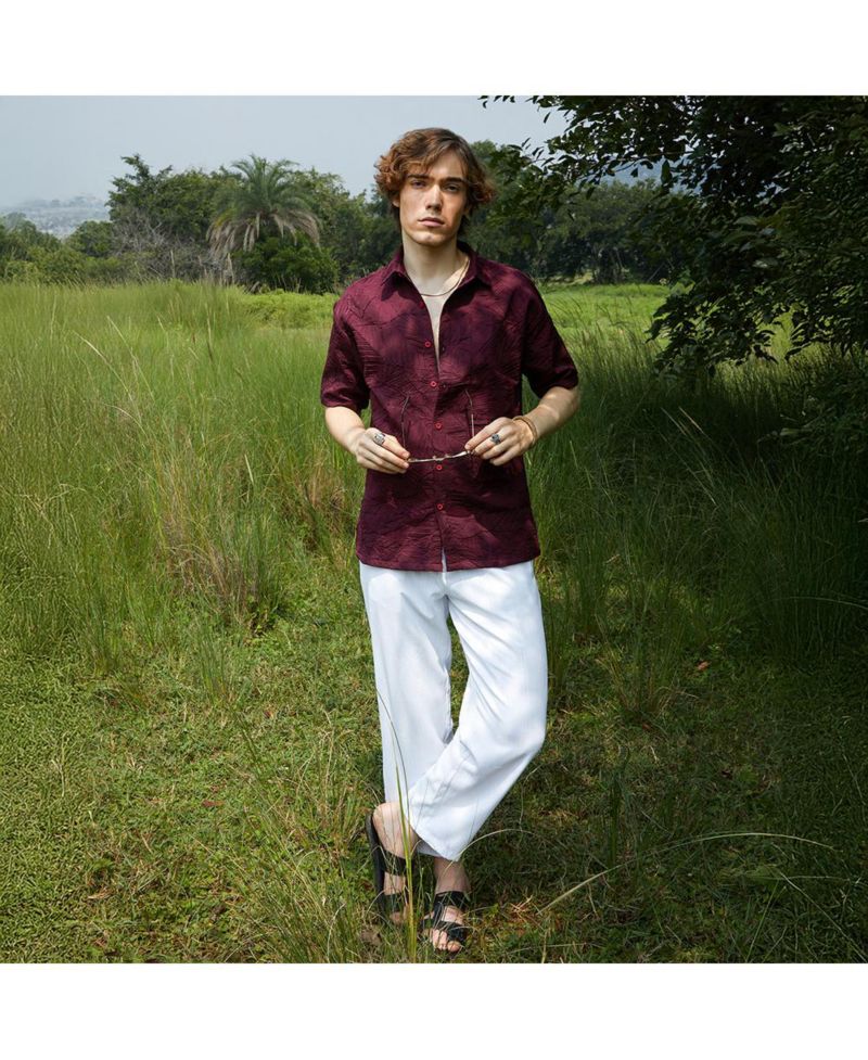 Men's Wine Red Foliage-Tactile Shirt