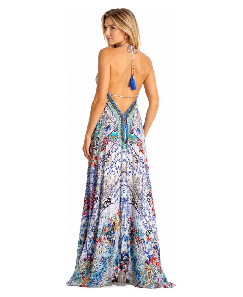Women's Floral-and-Paisley Patchwork Plunge-Halter Open-Back Maxi Dress