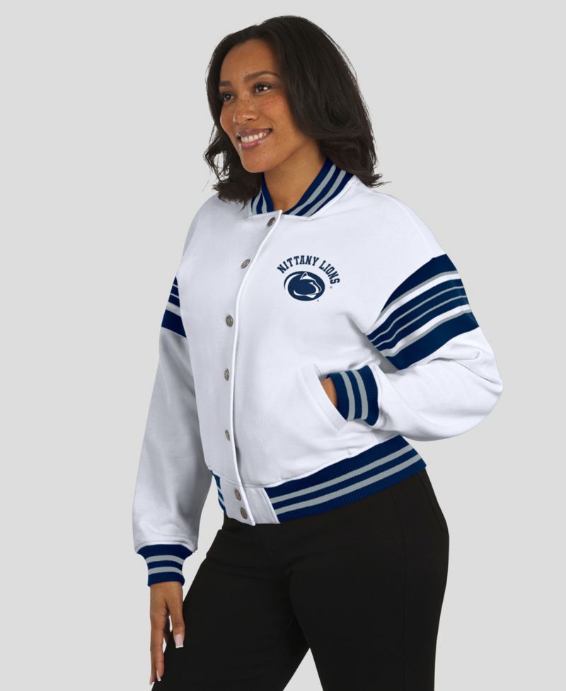 Women's White/Navy Penn State Nittany Lions Satin Stitch Full-Snap Fleece Sweatshirt Jacket