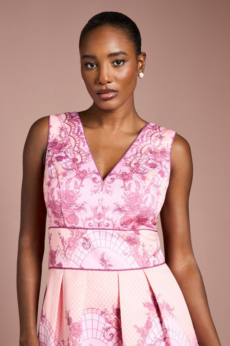 Women's V-Neck Satin Floral Print Midi Dress