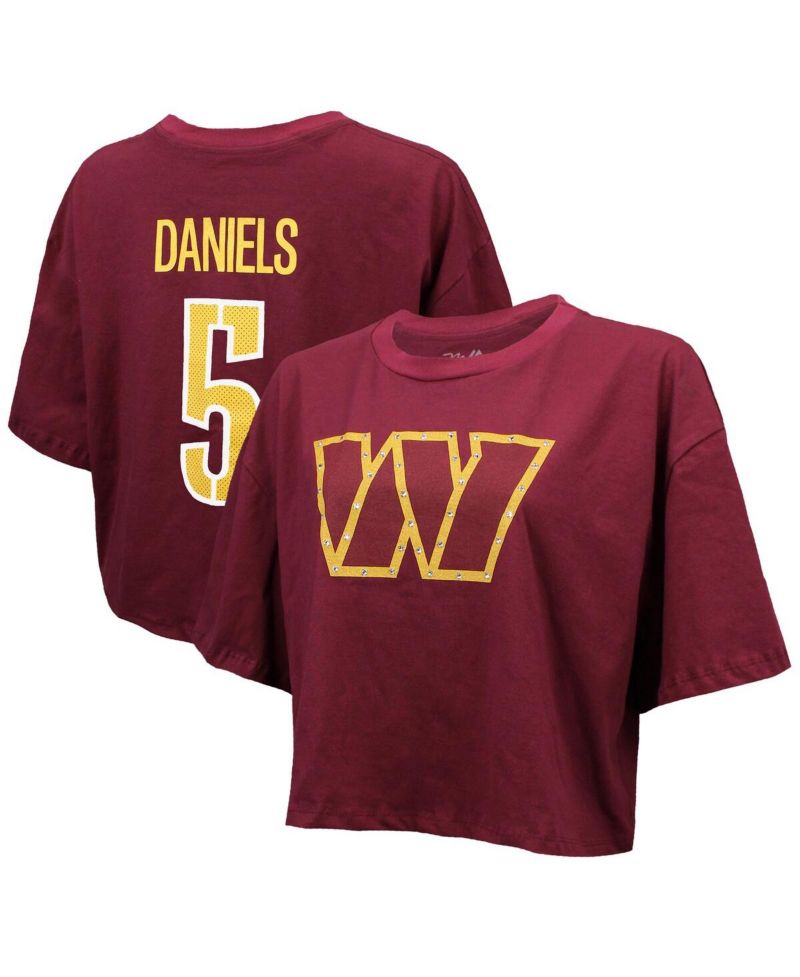 Women's Jayden Daniels Burgundy Washington Commanders Swarovski Crystals Boxy Cropped Name & Number T-Shirt
