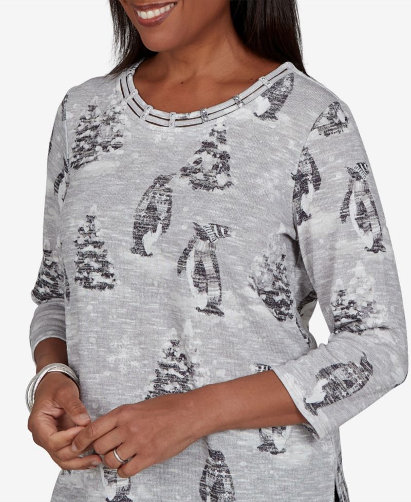 Petite Classic Penguins and Trees 3/4-Sleeve Holiday Knit Top